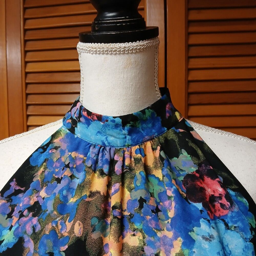 New York & Company Womens Blue Watercolor Sleeveless Halter Maxi Dress Medium - Picture 6 of 11